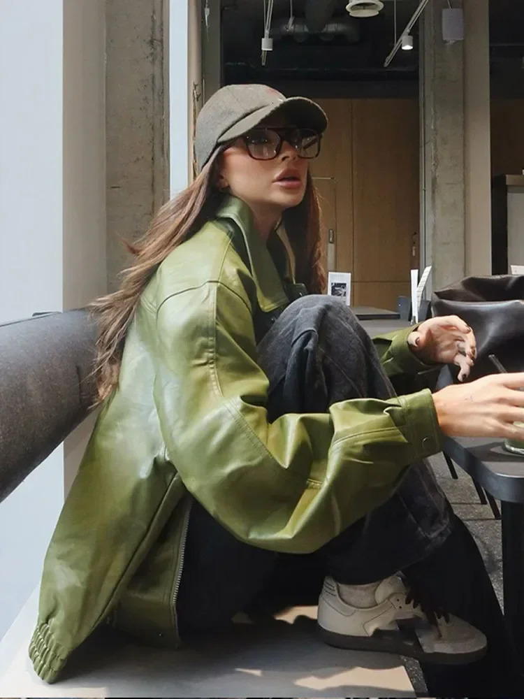 Chic Long Sleeve Single Breasted Pocket Loose Coat Women Retro Green Lapel Leather Jacket 2024 Fall Winter Lady High Streetwear 241129