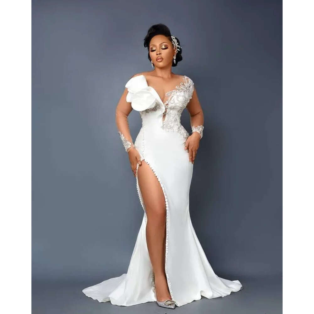 Plus Aso Arabic Size Ebi Mermaid Lace Crystals Wedding Gowns Sheer Neck High Split Detachable Train Bridal Dresses Zj 6660306