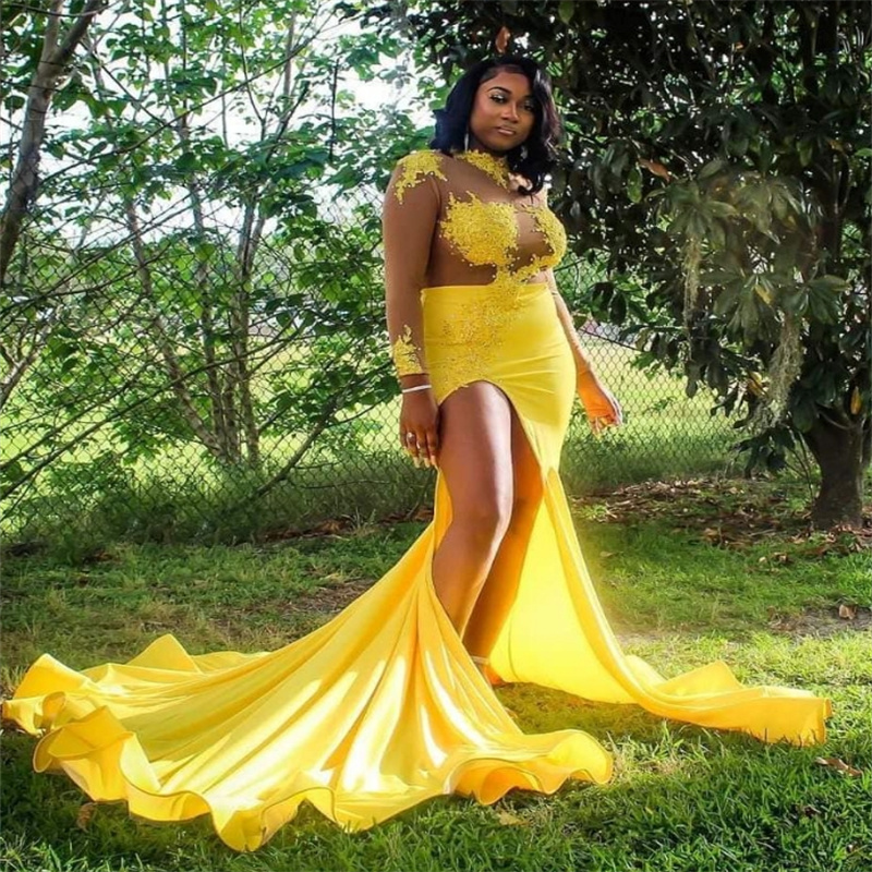 High Slit Yellow Prom Dress For Black Women Illusion Appliques Lace Mermaid Evening Gowns Elegant Dance Birthday Wear Special Occasion Dress Vestio De