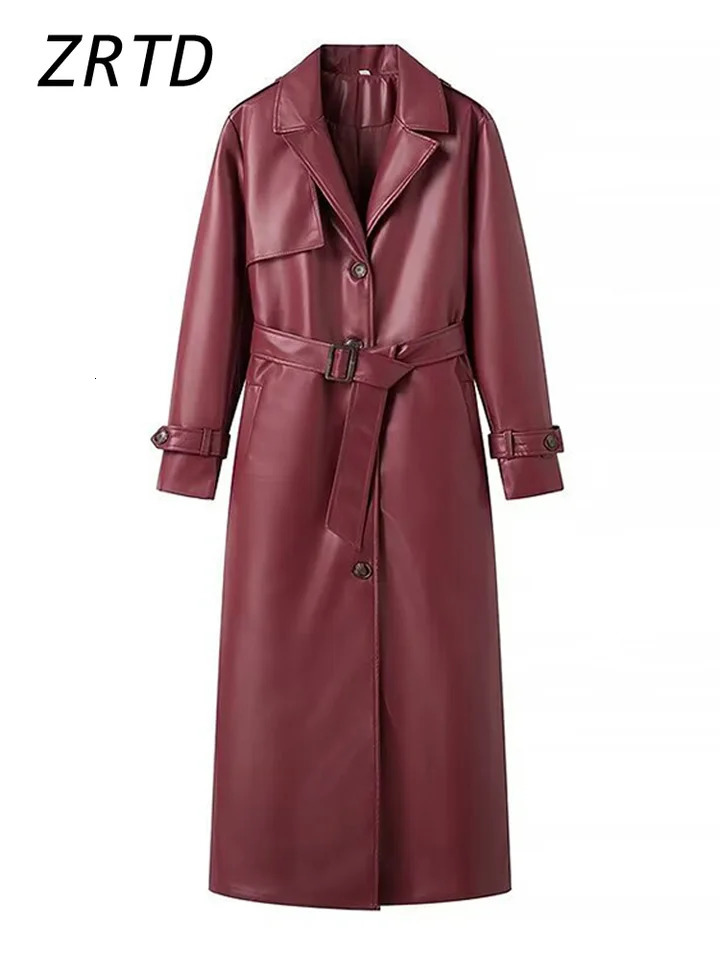 Street Womens Burgundy Leather Overcoat With Belt Lapel Single Breasted Full Sleeve Long Coats 2024 Winter Lady Retro Outwear 241129