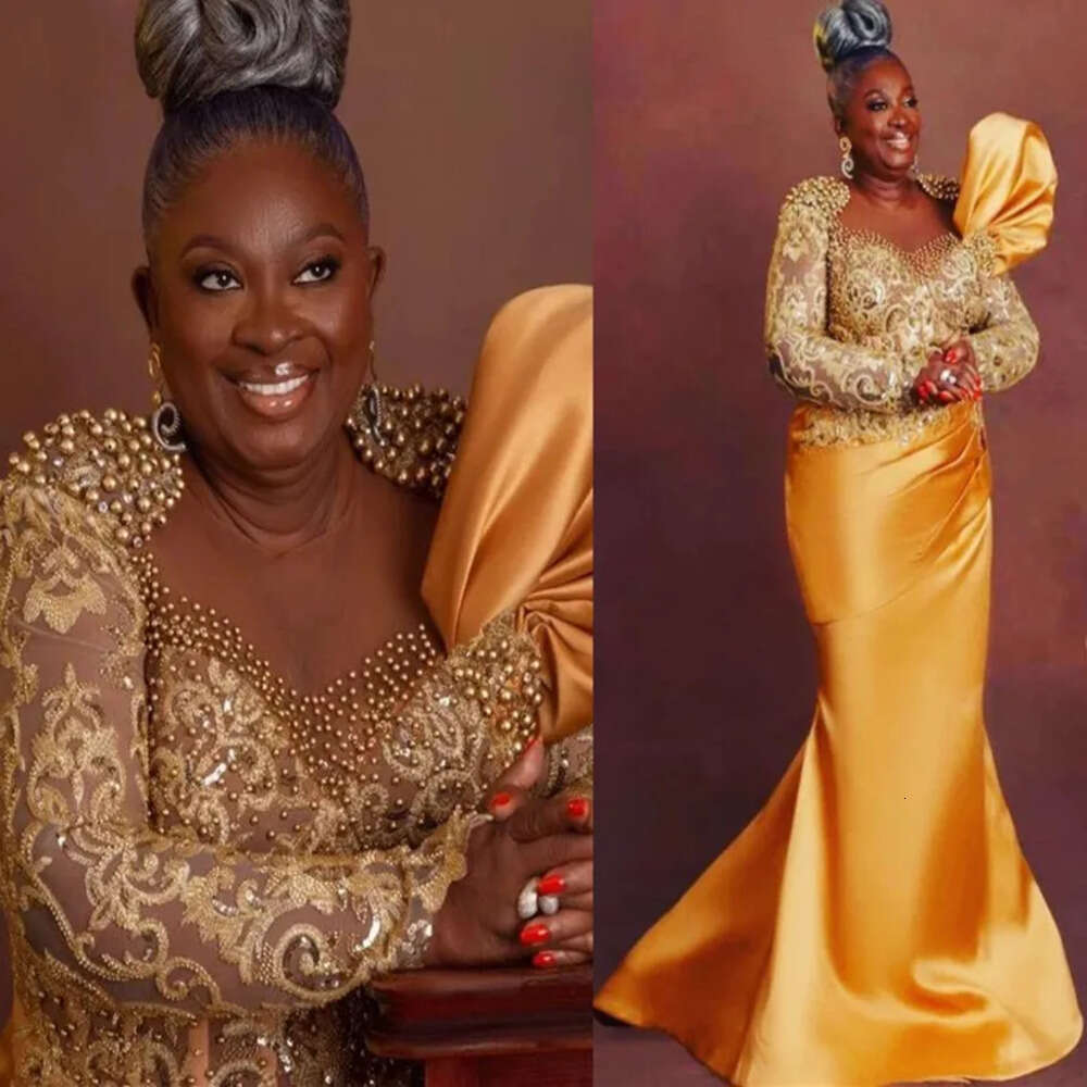 Arabic Gold Aso Ebi Nov Mermaid The Bride Dresses Satin Lace Beaded Evening Prom Formal Party Birthday Celebrity Mother Of Groom Gowns Dress Zjt 66603