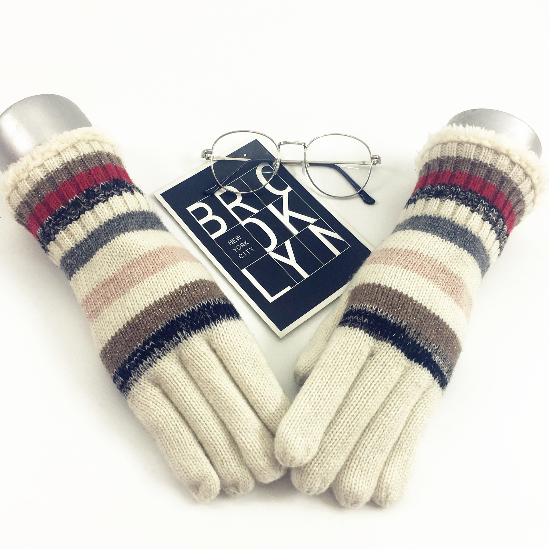 Winter gloves knitted wool gloves men's and women's thick double-layer warm woolen striped anti cold gloves wholesale