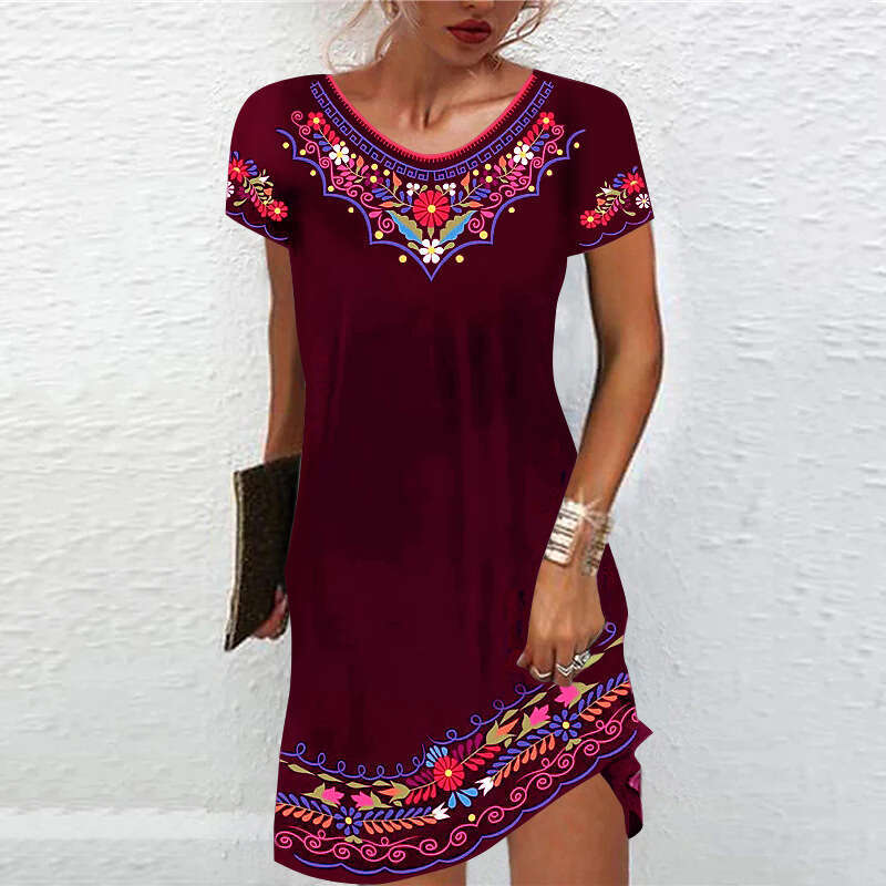 New European And American Summer Mid Waist Printed Urban Casual Short Sleeved Dress, Trendy Clothing, Fashionable Temperament B4
