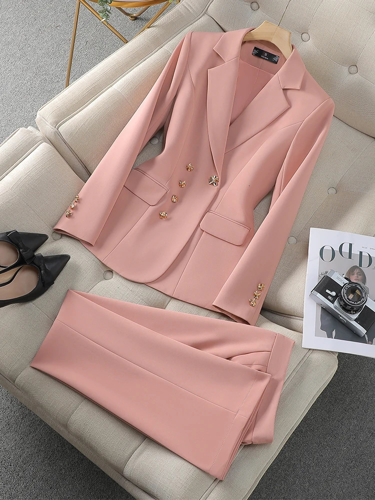 Autumn Winter Pink Black Beige Women Pant Suit 2 Piece Set Ladies Female Business Work Wear Formal Blazer Jacket And Trouser 241126