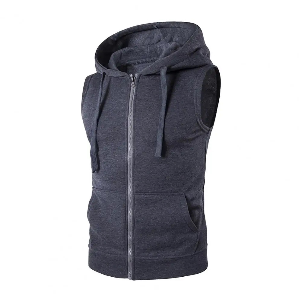 Men Hooded Vest Jacket Sleeveless Zipper Placket Drawstring Hoody Sweatshirt Casual Summer Slim Fit Sports Hoodie 241129