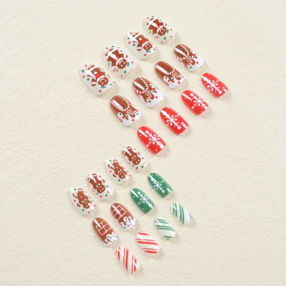 24pcs Christmas Press on Nail Fruit Gingerbread Man Chocolate House Fake Nail for Women Girl Snowflake Stripe Nail ArtXJ241128