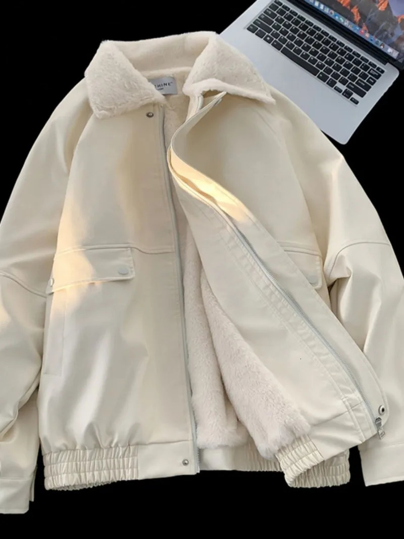 Y2K Fashion Lapel Leather Coat Cottonpadded Jacket Women High Street Vibe Vintage Casual Pilot 241129