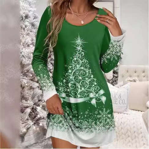 Women's casual with snowflake and Christmas tree print long sleeved round neck micro elastic dress