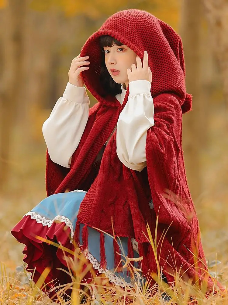 Hikigawa Autumn/Winter Retro Red Knitted Shawl Coat Womens Hooded Tassel Open cardigan Top Unprinted Good Product 241128