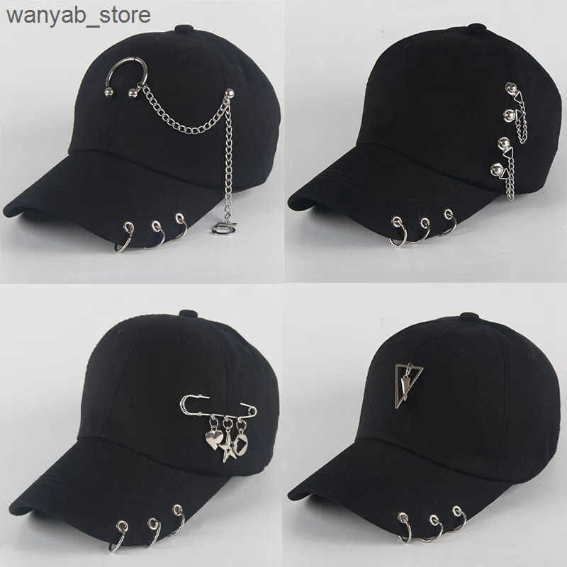 Ball Caps Fashionable cotton baseball cap creative perforated ring hip-hop hat punk adult casual solid adjustable unisex Snapback hat Gorra L240910