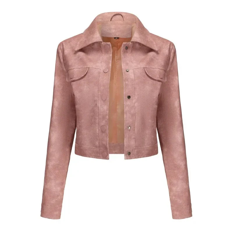 BTQWFD Womens Pu Faux Motor Biker Leather Jackets Slim Coat with Pockets Button Female Outwear Tops 2024 Spring Autumn Winter 241129