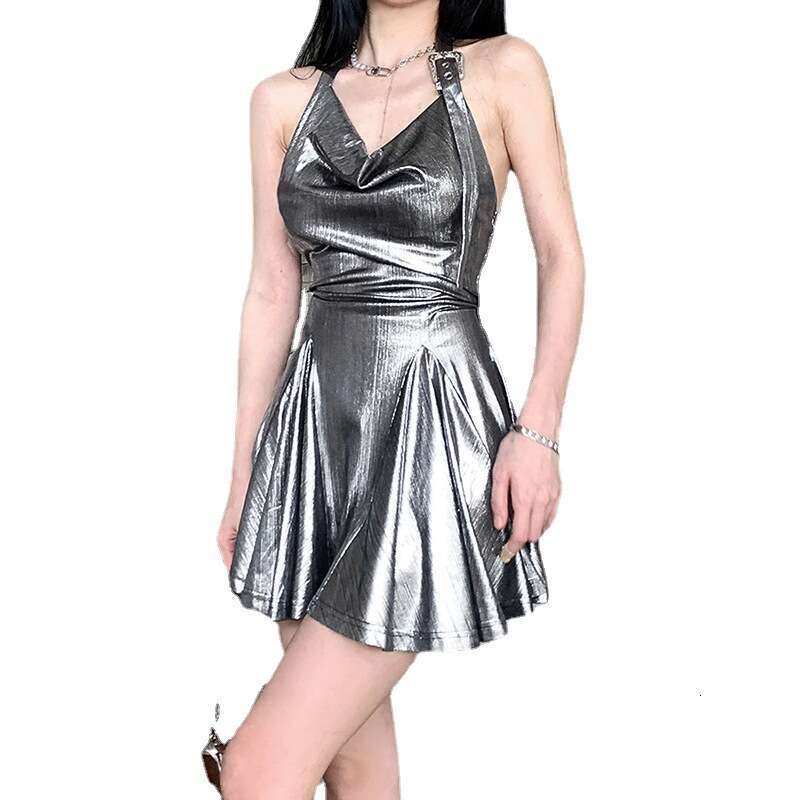2023 Spring/Summer New Women's Solid Color Sexy and Fashionable Style Waist Tight Fit Bareback Hanging Neck Dress
