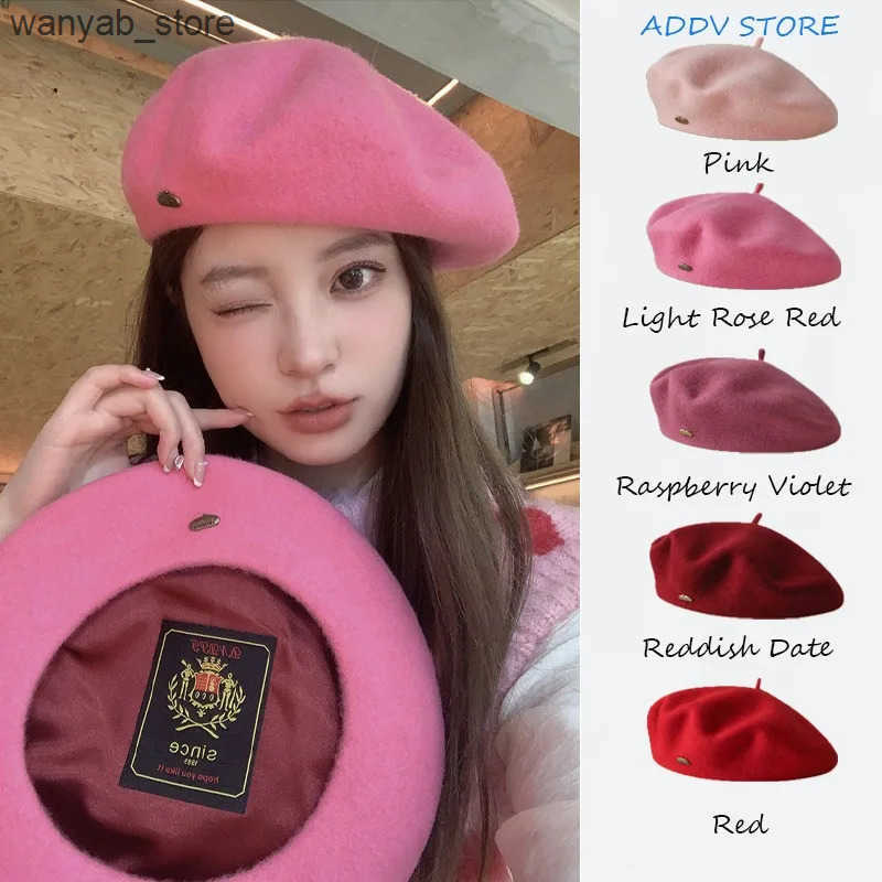 Berets Womens Winter High Quality Wool Beret Metal Copper Buckle Solid Color Paint Hat Satin Embroidered Retro Beanie Hat L240910 L0910