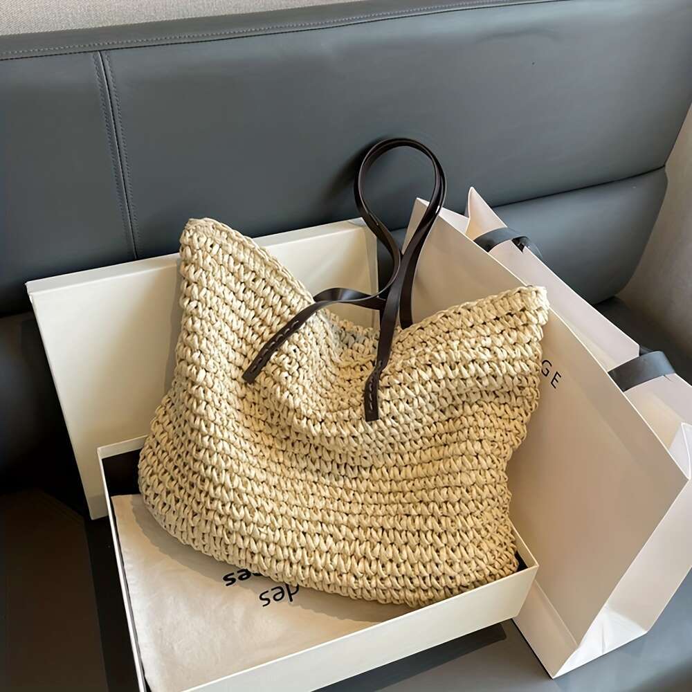 Grass woven large capacity handbag, lightweight shopping zipper shoulder bag, exquisite summer beach handbag