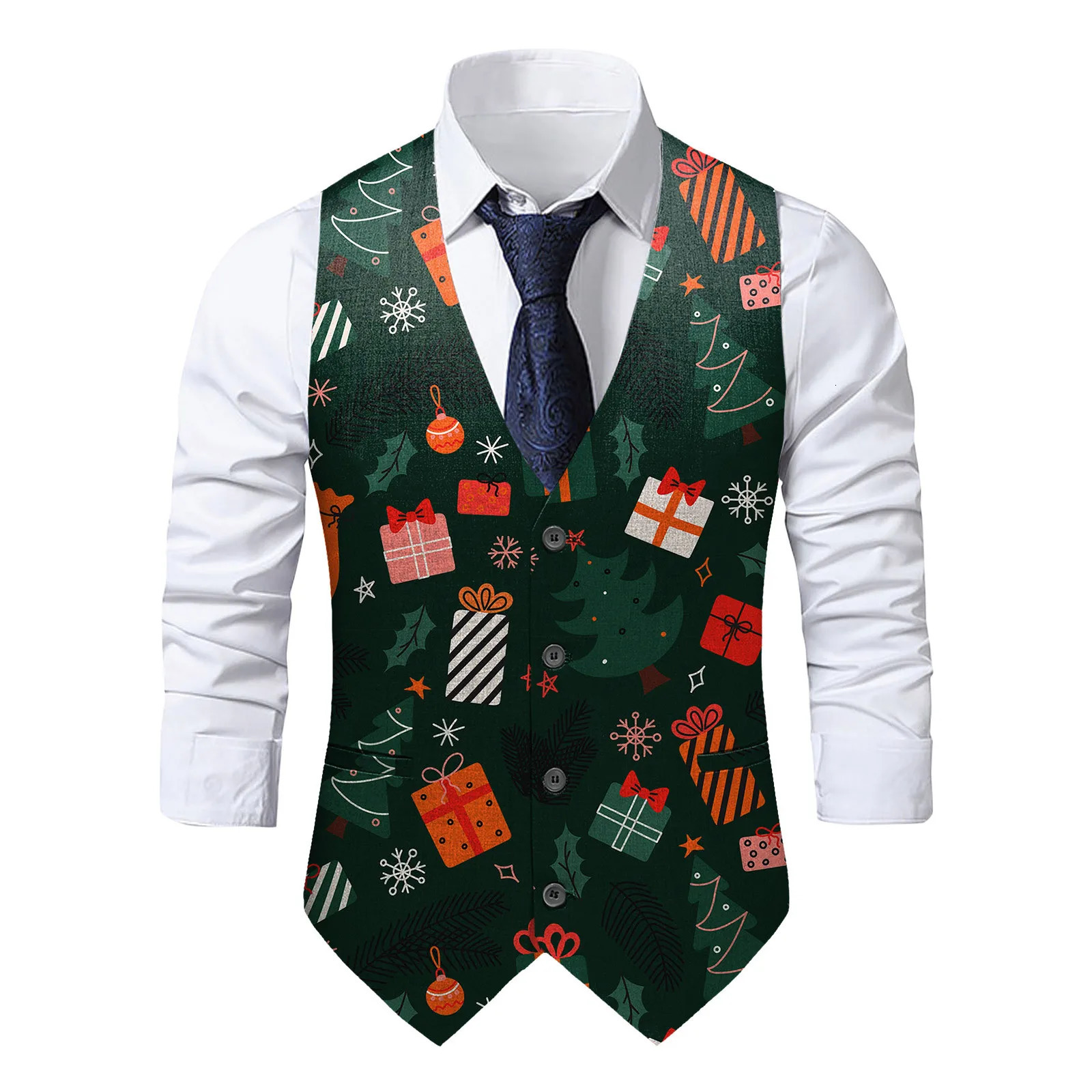 Xmas Print Christmas Green Banquet Vest Fashion Party Waistcoat For Men Single Breasted Clothing 2023 Family Costume 241129