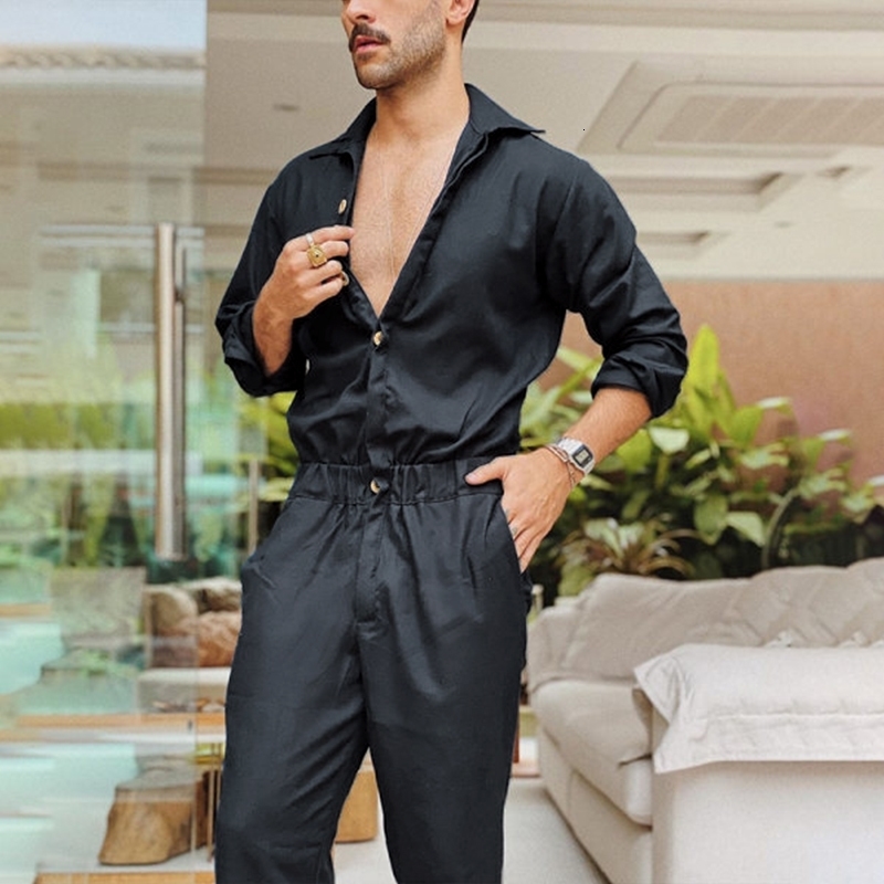 Mens Solid Color Jumpsuit Playsuit Buttons Casual Cargo Clothes Overalls Turn Down Collar Long Sleeve Oversized Waist Pants 241120