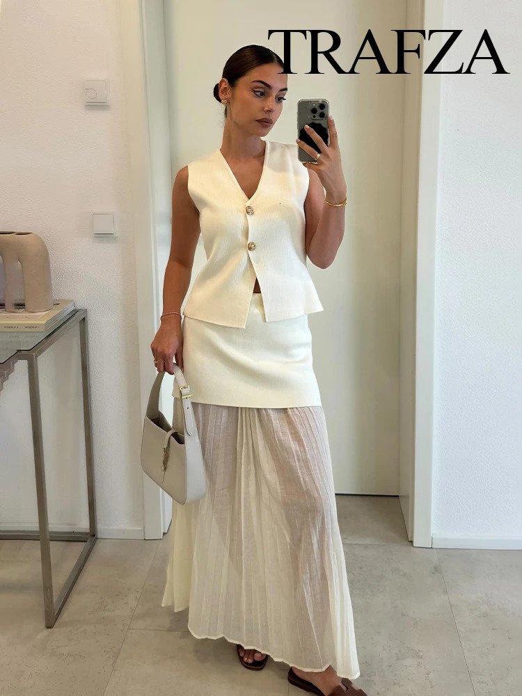 TRAFZA Women 2 Piece Set Chic VNeck Sleeveless Button Knitted Vest TopSplicing High Waist Side Zipper AnkleLength Skirt TRAF 241129