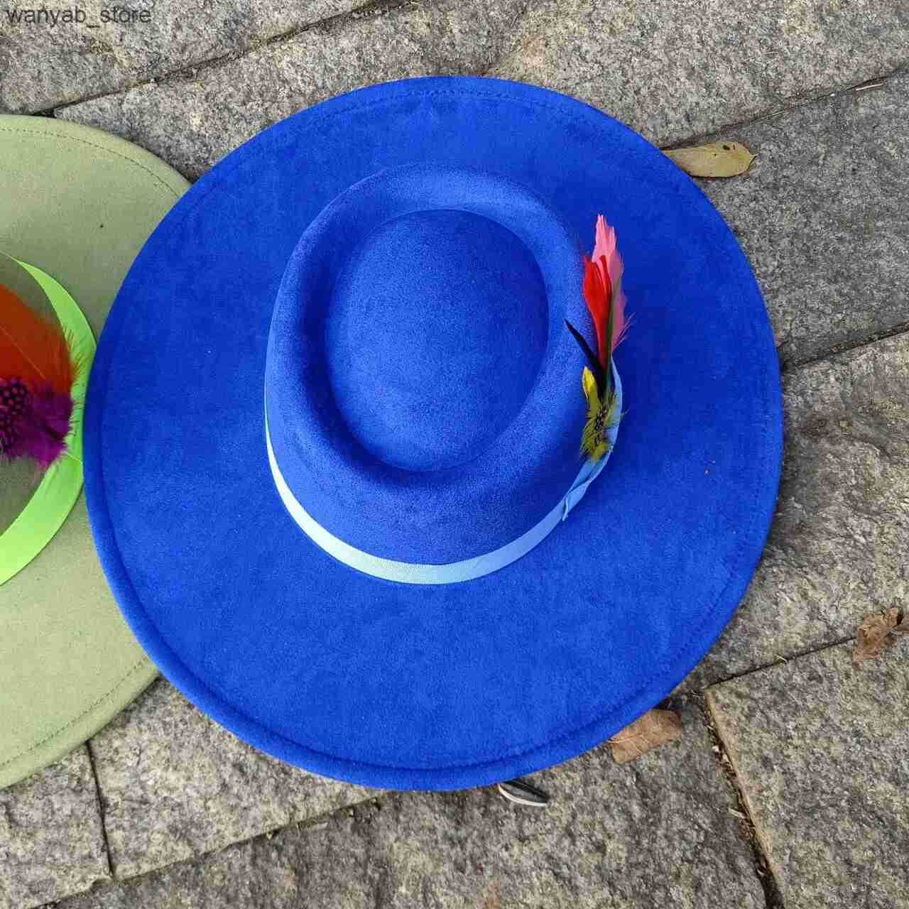 Wide Brim Hats Bucket Hats sombrero mujer fedora hat 9.5cm brim bow webbing feather accessories jazz hat men and women nubuck leather L240910