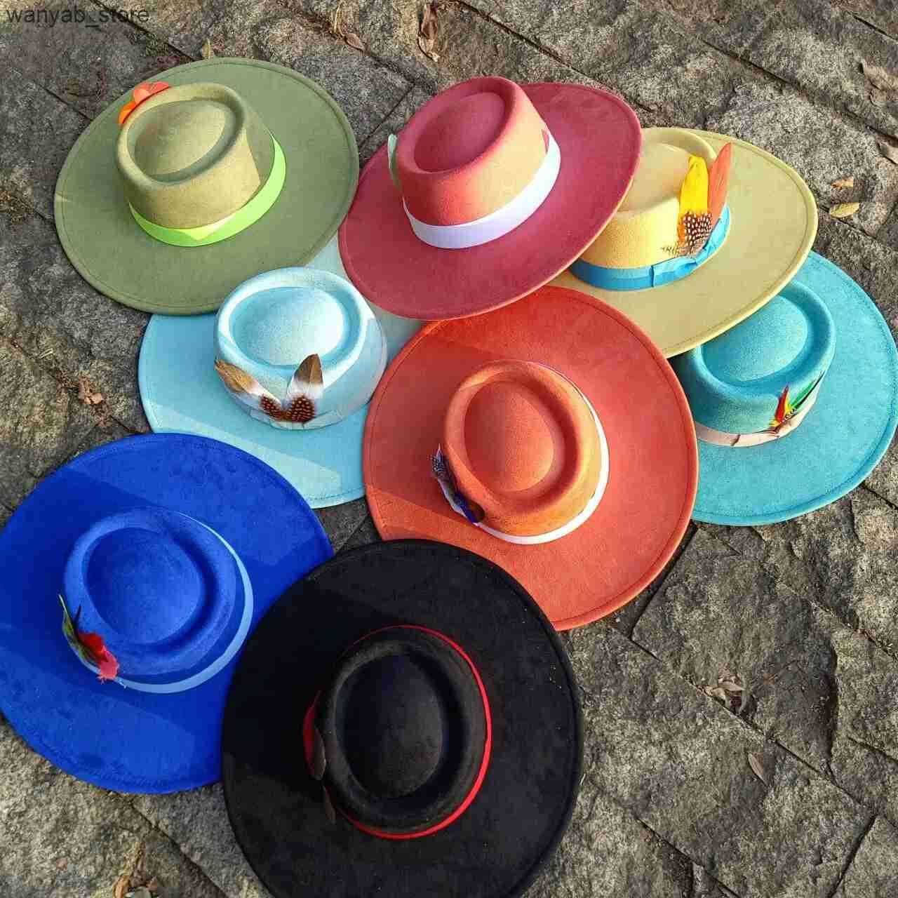 Wide Brim Hats Bucket Hats sombrero mujer fedora hat 9.5cm brim bow webbing feather accessories jazz hat men and women nubuck leather L240910