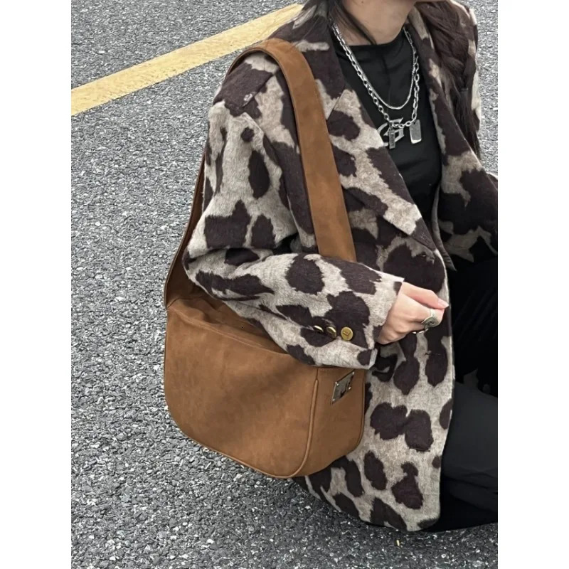 Leopard Print 2024 Winter Temperament Collage Long Sleeve Suit Collar Loose Womens Woolen Coat 241129