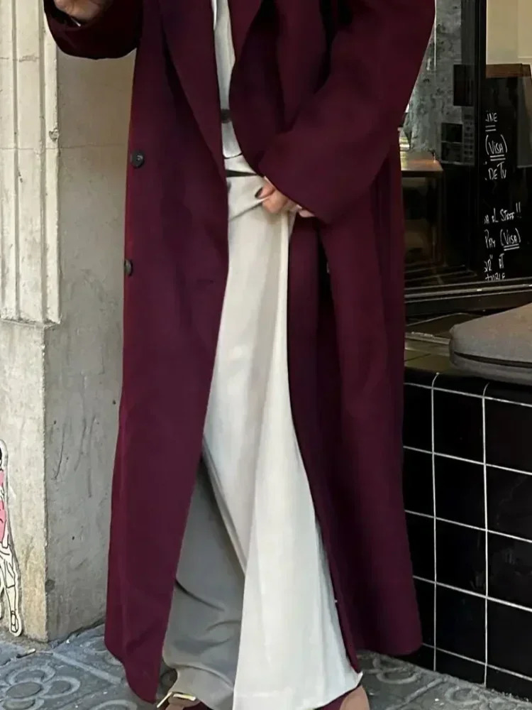 Women Burgundy Red Color Lapel Long Coat Elegant Chic Double Breasted Sleeve Overcoats Autumn Oversize Casual Streetwear 241121
