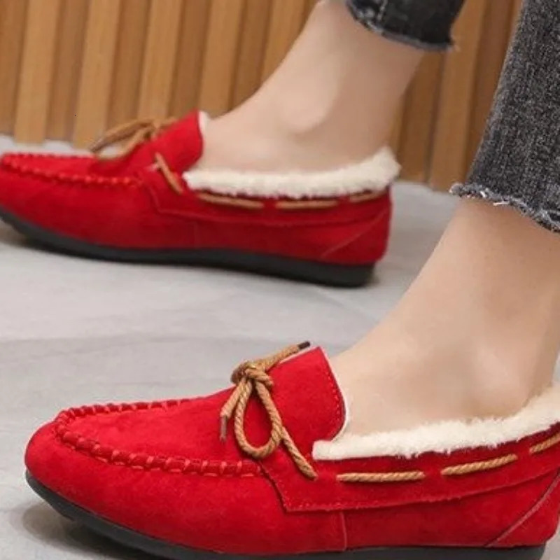 Winter Shoe Casual Flat Shoes Moccasins Soft Loafers Fashion Comfort Warm Plush Bow Slip on Female Cotton y241126
