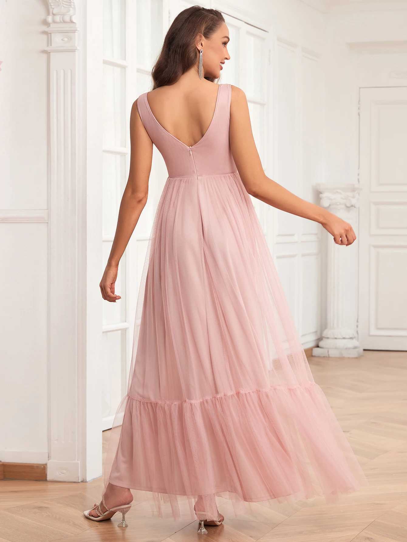 Runway Dresses New Womens Elegant Double V Neck Slveless Tulle Fully Lined Evening Gown A-Line Fluffy Tulle Wedding Bridesmaid Party Y240426