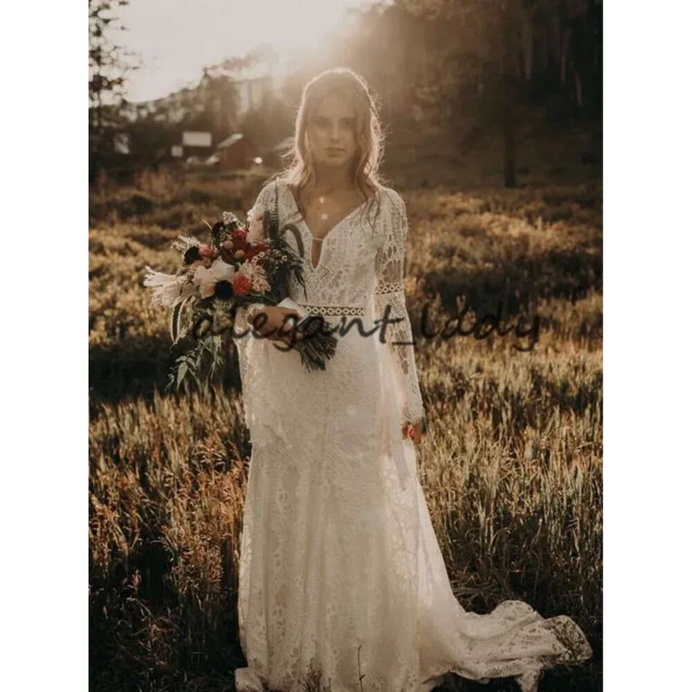 Crochet Wedding Vintage Dresses Lace With Long Sleeve V Neck Mermaid Hippie Western Country Cowgirl Bohemian Bride Gowns Gdf