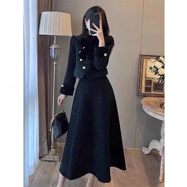 Spring Korean Style Bow Short Coat Women Clothing Aline Midi Skirt Set High End Commuting Black Two Piece Outfits 241129