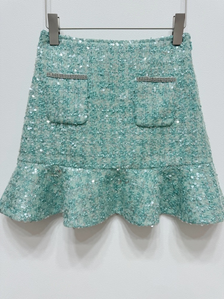 Autumn Winter Coarse Tweed Green Feather Sleeves Sequin Two Piece Set Women Jackets Coats Fishtail Short Skirts 2Pcs Outfits