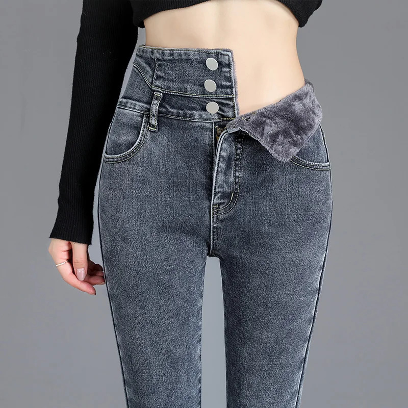 Winter Thick Wool High Waist Warm Tight Jeans Thick Womens Elastic Button Pencil Pants Mom Casual Velvet Jeans 241122