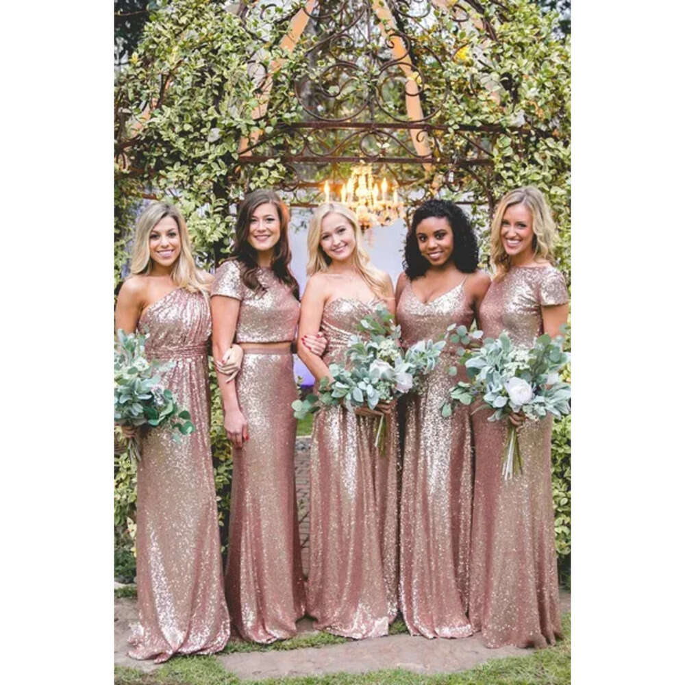 Bridesmaid Custom Sparkly Made Bling Rose Gold Sequins Mermaid Two Pieces Prom Gowns Backless Country Beach Party Dresses Bm