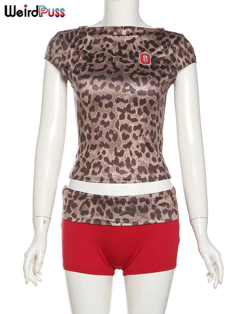 Women's Swimwear Weird Puss Leopard Print Womens 2-piece Tracksuit Sexy Shorts Sleve Crop Tops+Shorts Elasticity Matching Clubwear Ultra Thin Set