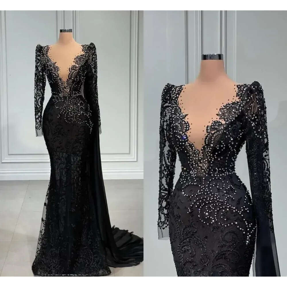 Evening Vintage Mermaid Black Lace Dresses With White Beads Sheer Deep V Neck Long Sleeve Appliques Ocn Party Gowns Prom Vestidos Bc Estidos 6660306
