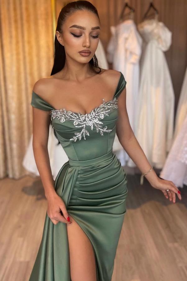 Olive Green Split Evening Dresses Women 2024 New Off Shoulder Cap Sleeve Pleats satin Long Party Occasion Gowns Teens Graduation Prom Dress BC18726