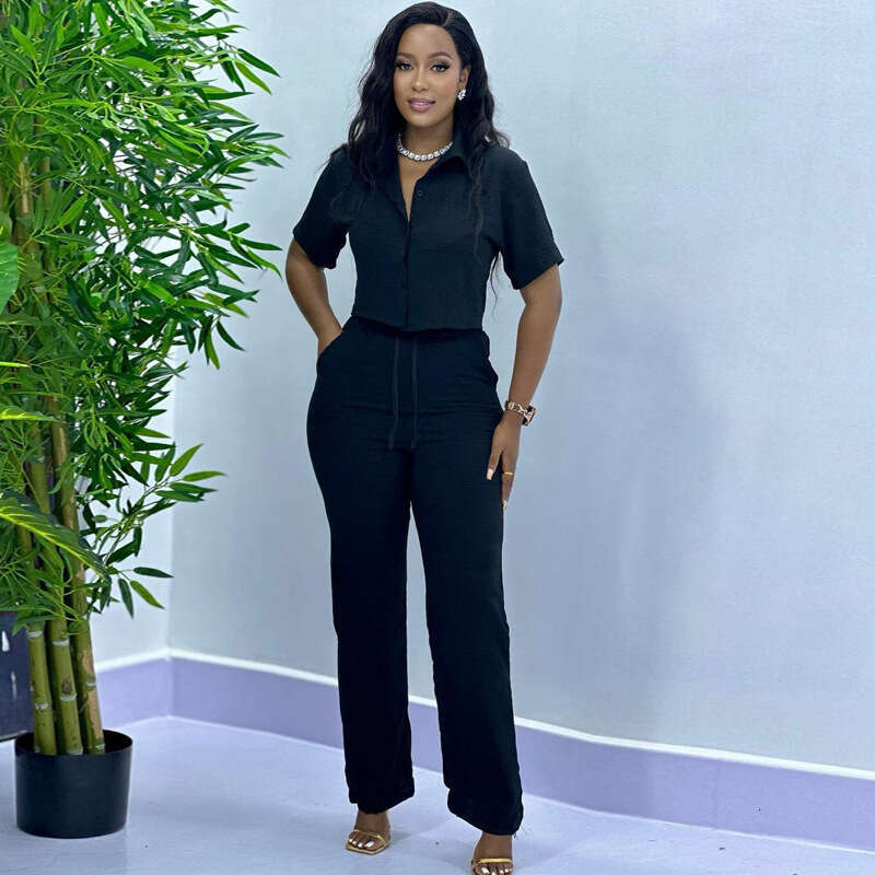 African Suit Summer Solid Color Casual Plus Size Foreign Trade Short Sleeved Shirt Long Pants Women's European And American Two-Piece Set