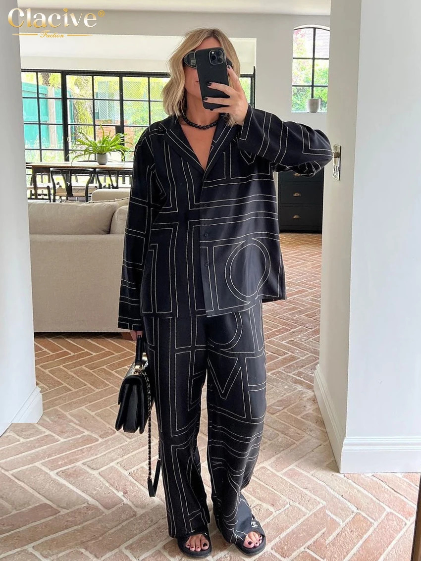 Clacive Fashion Long Sleeve Blouse 2 Piece Set Outfit Elegant Loose Print Pants Casual High Waist Wide Trousers Suits 241129