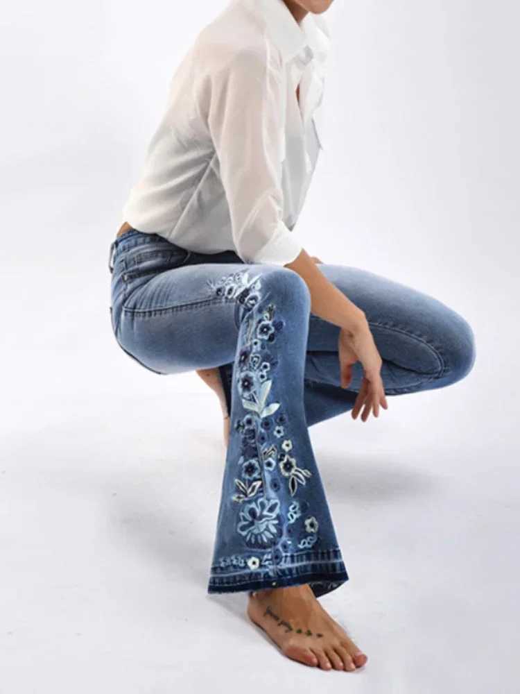 Women's Jeans European and American womens clothing denim flash pants embroidered denim spring autumn wide leg jeans womens pants H241130