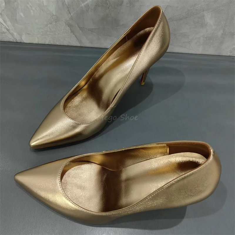 Golden Leather Shallow Shoe 10Cm High Stiletto Heels Pumps Matte Handmade Quality Shoes Big Size 43 for Lady 241126