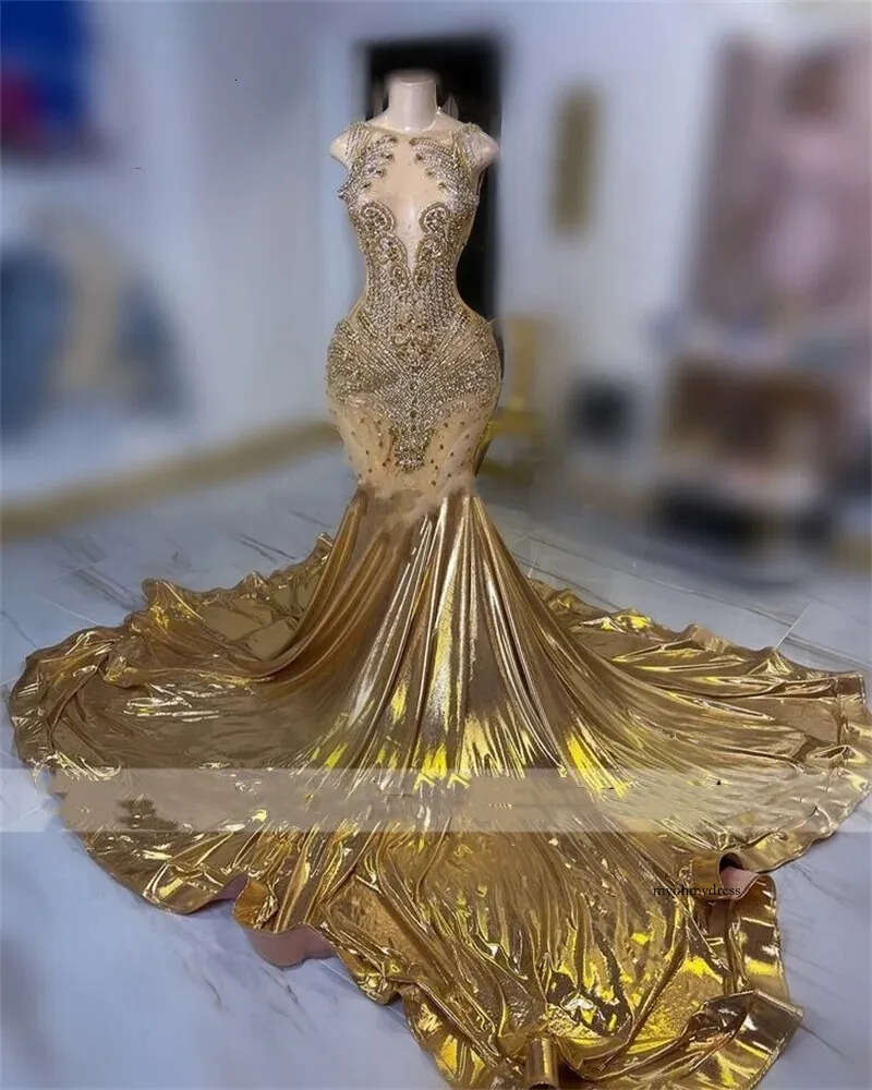 Sparkly Gold Diamonds Long Prom For Black Girl 2024 Rhinestone Mermaid Evening Dresses Birthday Party Gowns 0431
