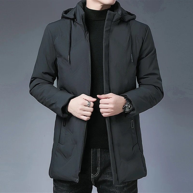 Fashion Men Long Parkas Coat Solid Slim Fit Warm Thicken Jacket Outwear Windproof Hooded Cottonpadded Zipper Windbreaker 241126