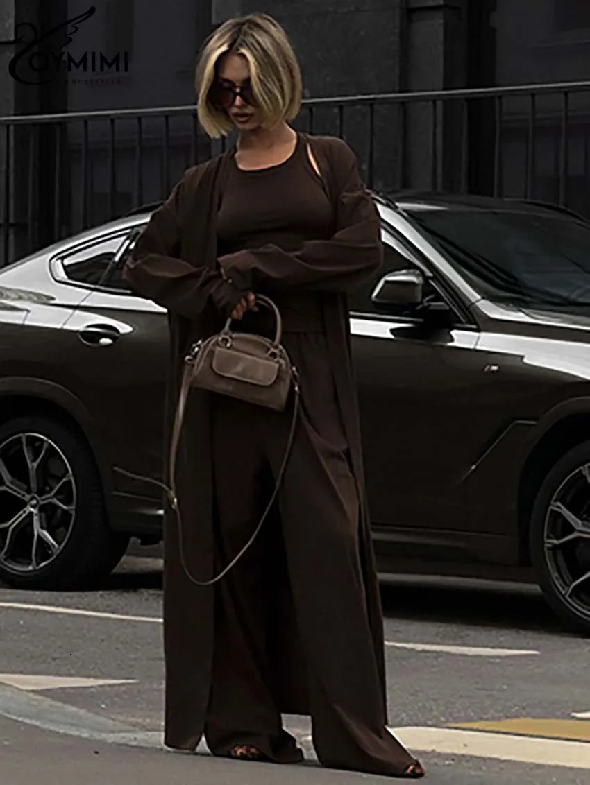 Oymimi Casual Brown 3 Piece Set Outfit Fashion Long Sleeve Robe And Slip Slim Tank Tops Simple Straight Trousers Sets 241129