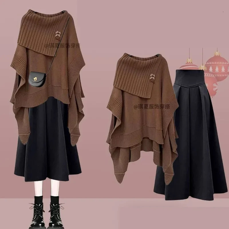Women 2024 AutumnWinter Chic Dress Matching Set Korean Elegant Irregular Knit SweaterHigh Waist Midi Skirt Two Piece Suit 241129