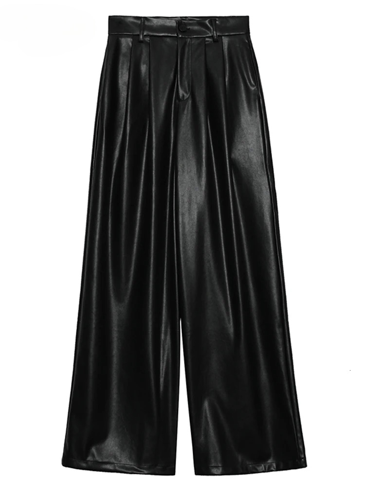 Lautaro Spring Autumn Loose Casual Wy Soft Black Brown Pu Leather Wide Leg Pants For Women High Waist Emo Korean Fashion