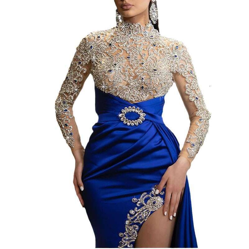European American women's blue gold sprinkled split splicing half high neck evening dress 2024 new style chic and elegant clothing