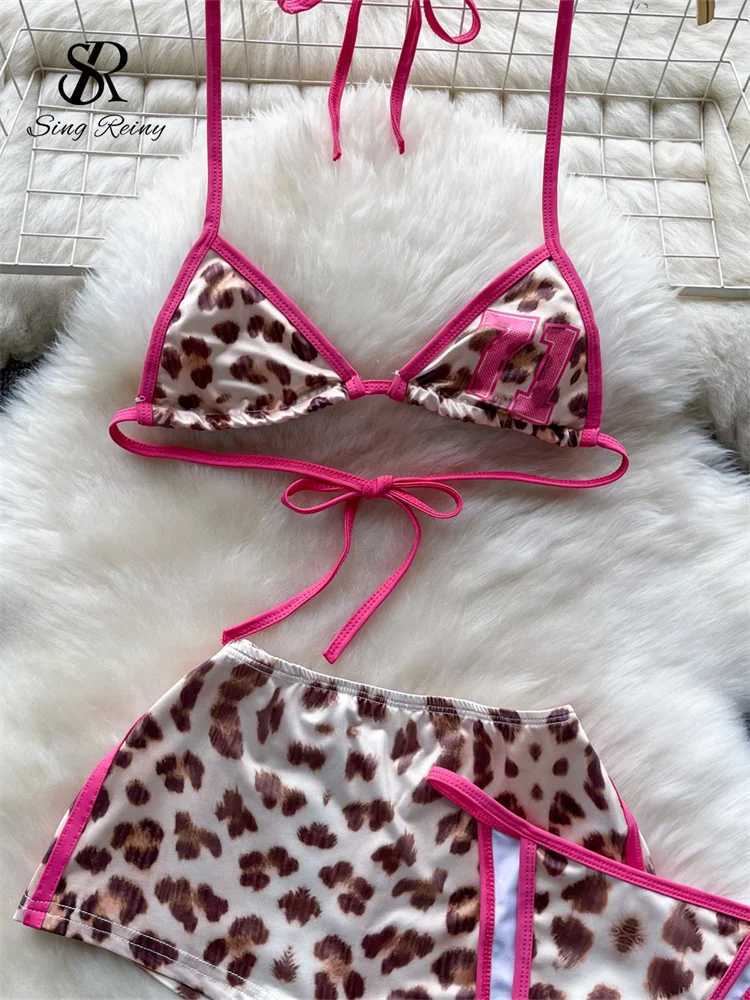 Women's Swimwear SINGREENY Leopard Bikini Hotswt Thr Piece Set Strap Bra+Ultra Thin Shorts+Mini Dress 2024 Womens Lace Top Back Sexy Set H241130