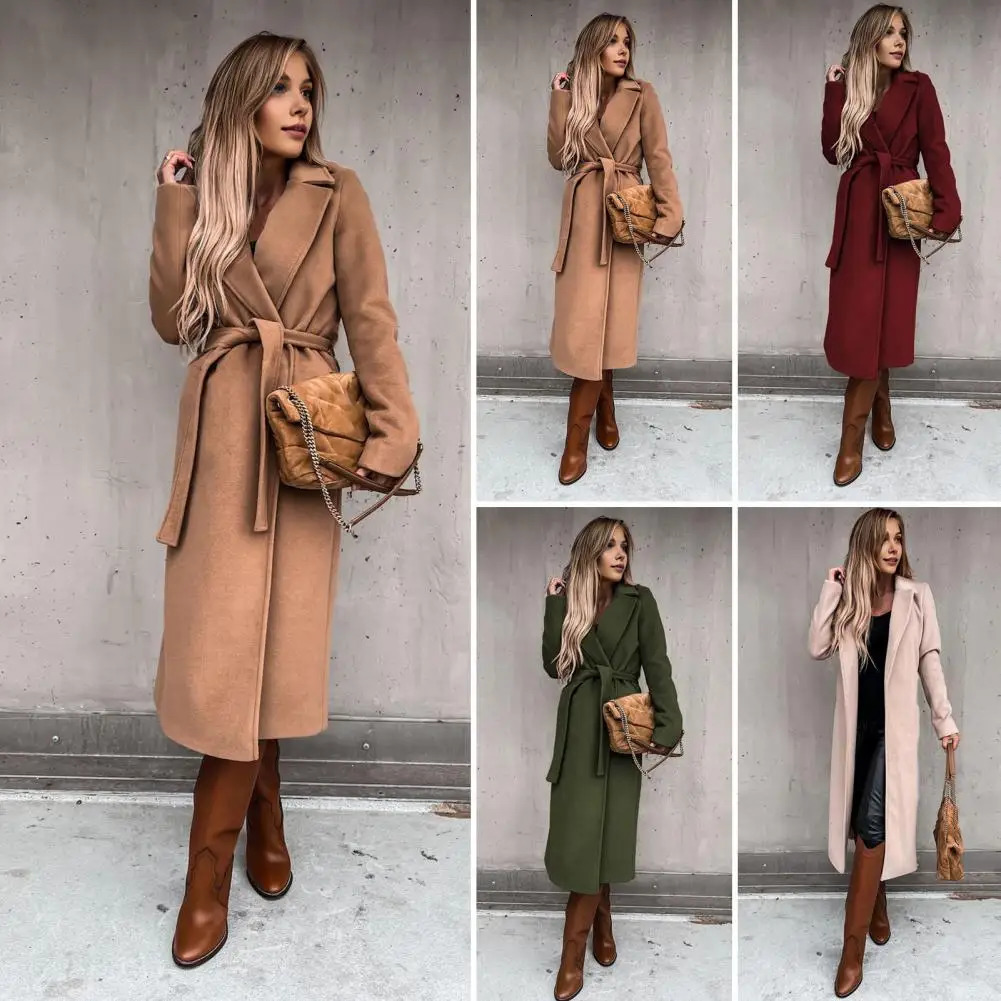 Women Long Coat Solid Color Elegant Womens Winter with Belt Turndown Collar Stylish Calf for Formal Weather 241129