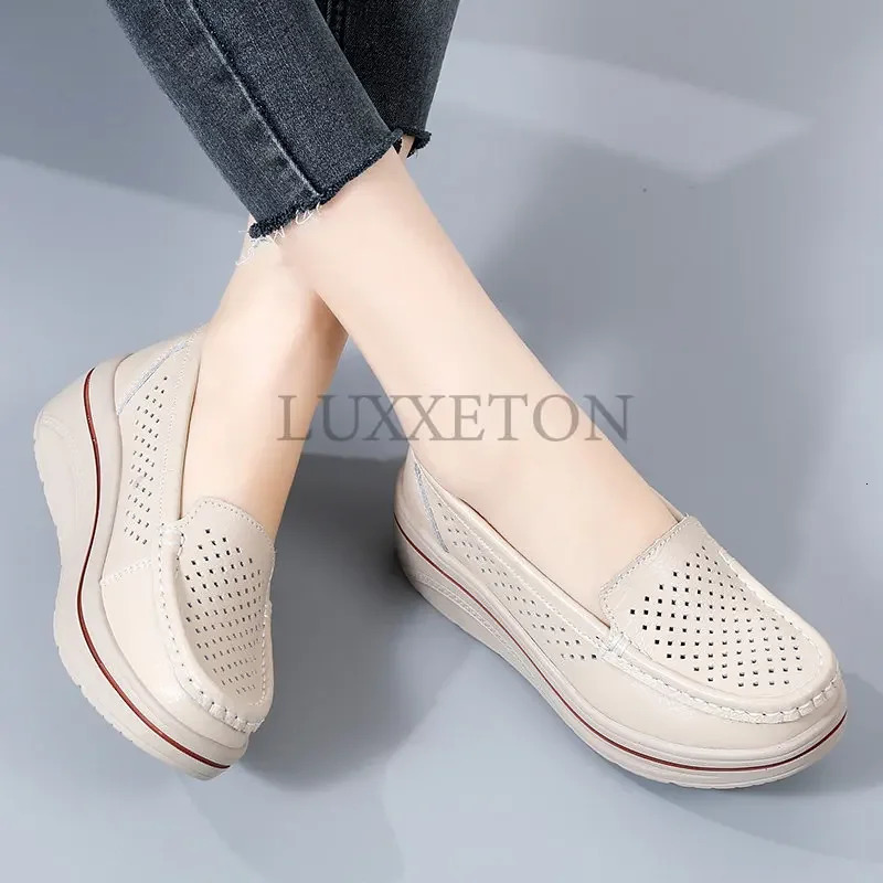Womans Casual Shoes Leather Hollow Flat Loafers Slip on Ladies Moccasins Breathable Women Platform Sneakers Zapatos Mujer 241126