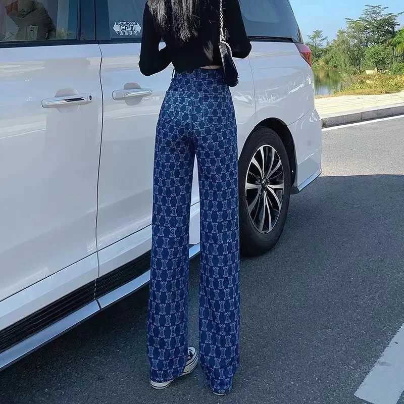 Women's Jeans Vintage Blue Letter Embroidered Y2k Bag Denim Womens Knitted Denim Trouser High Waist Jacquard Pattern Pants H241130