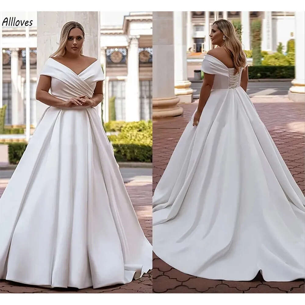 Off Shoulder Neck A V Line Wedding Dresses Simple White Satin Elegant Bridal Gowns Boho Garden Plus Size V De Novia Sweep Train Lace Up Back Bride Rob